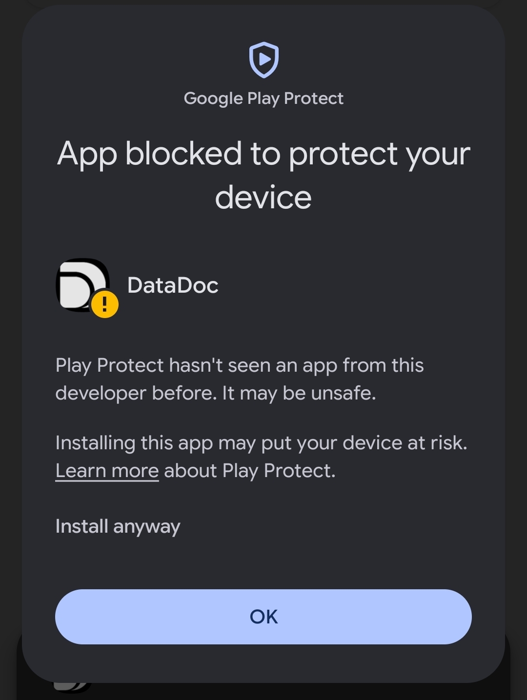 3. Play Protect blocks the app - tap Install anyway
